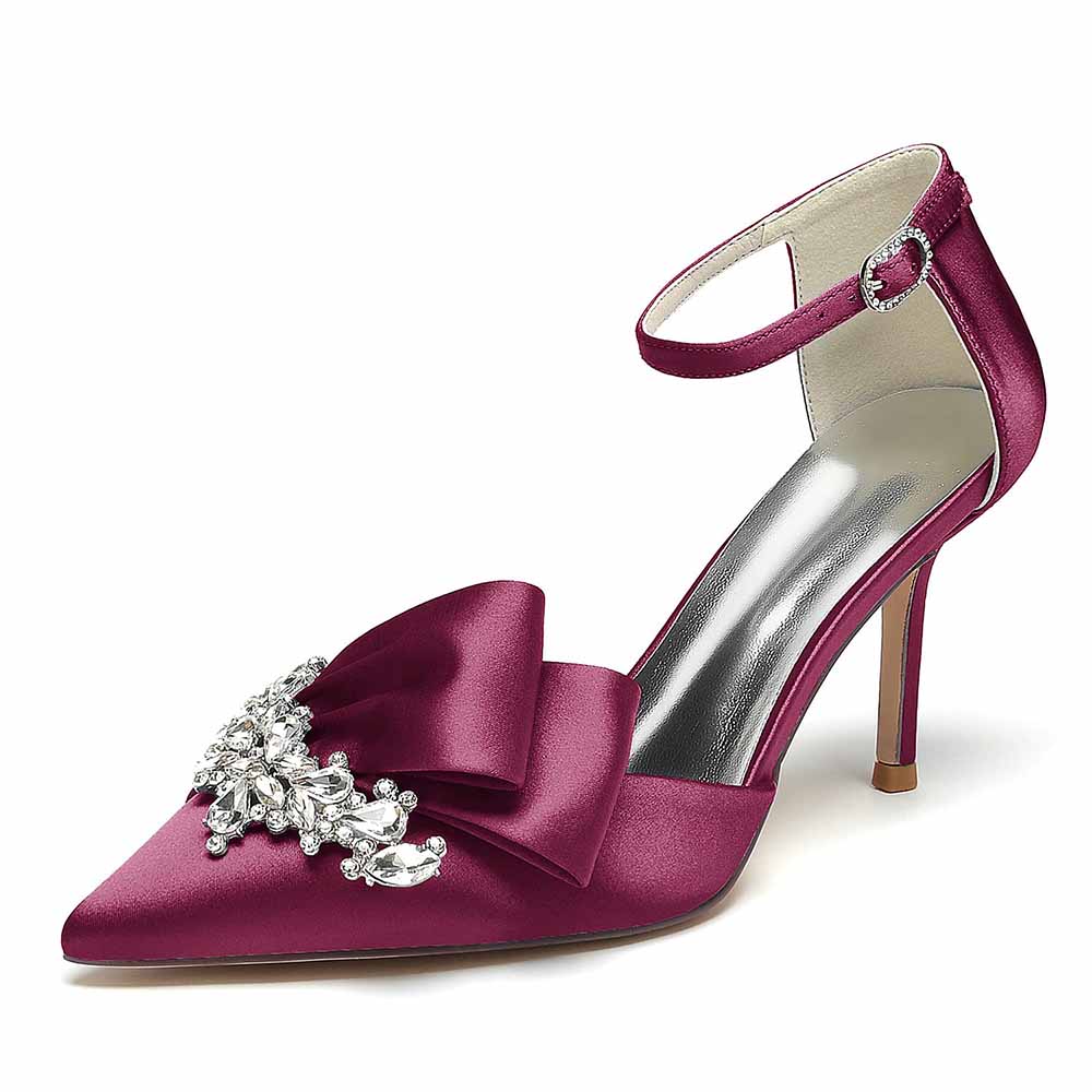 Satin Heels Ankle Strap Pumps With Beaded Closed Toe Event Shoes