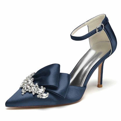 Satin Heels Ankle Strap Pumps With Beaded Closed Toe Event Shoes