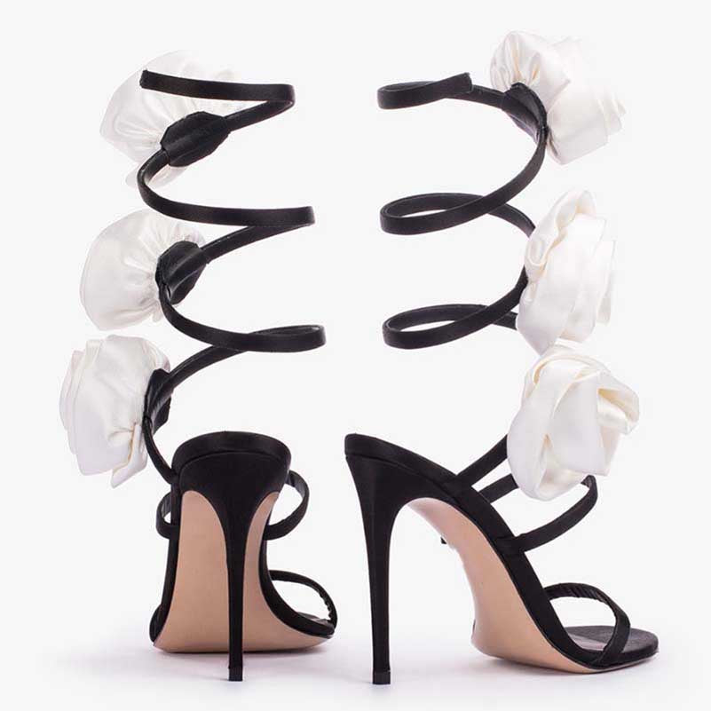 Women Flower Shoes Satin Sandals High Heeled Pumps