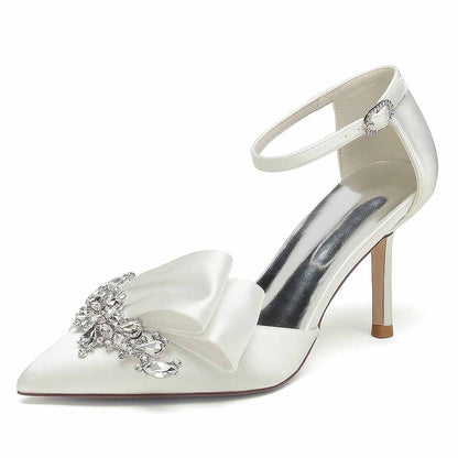 Satin Heels Ankle Strap Pumps With Beaded Closed Toe Event Shoes