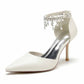 Faux Leather Pearl and Beaded Ankle Strap Pumps White Party Heel Shoes