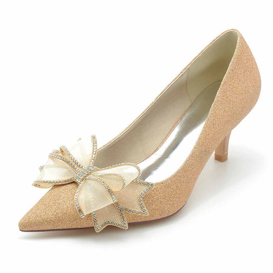 Satin Low Heels Slip-On Pumps Closed Toe Party Shoes With Bows