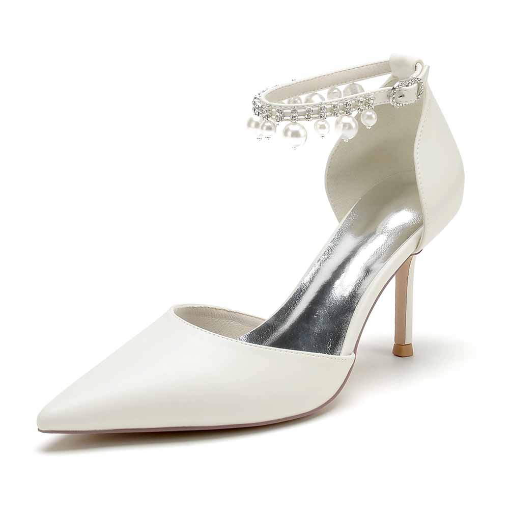 Faux Leather Pearl Ankle Strap Pumps White Party Heel Shoes