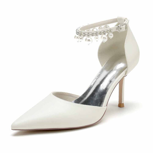 Faux Leather Pearl Ankle Strap Pumps White Party Heel Shoes