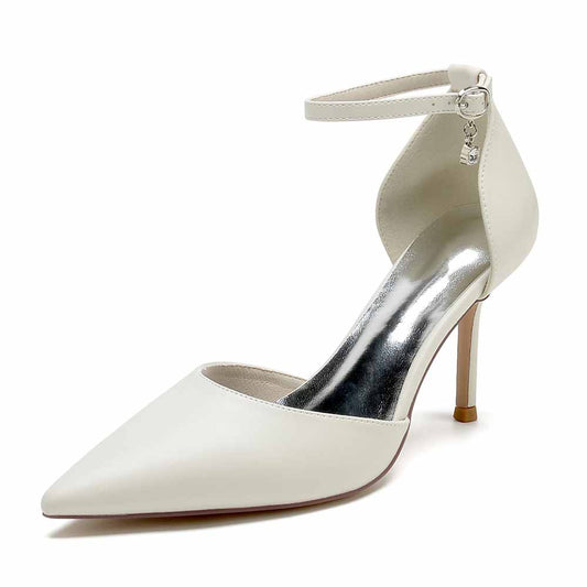 Faux Leather Ankle Strap Pumps White Party Heel Shoes