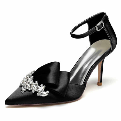 Satin Heels Ankle Strap Pumps With Beaded Closed Toe Event Shoes