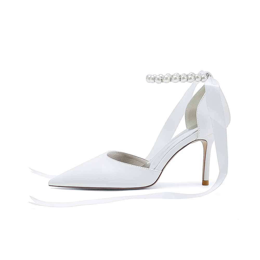 Faux Leather Pearl Lace-up Ankle Strap Pumps White Party Heel Shoes