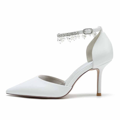 Faux Leather Pearl Ankle Strap Pumps White Party Heel Shoes