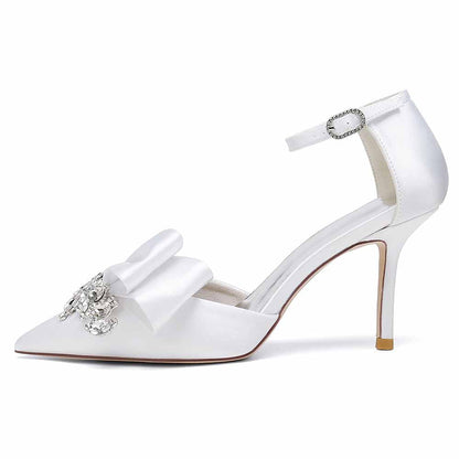Satin Heels Ankle Strap Pumps With Beaded Closed Toe Event Shoes