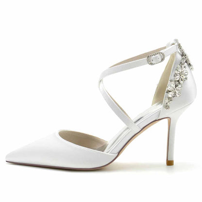 Beaded Wedding Satin Heels Crossed Strap Pumps Party Heels