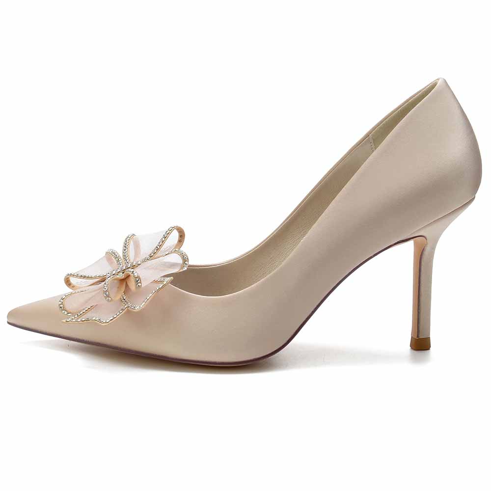 Women's Closed Pointed Toe High Heels with Bow Knot Satin Stiletto Pumps