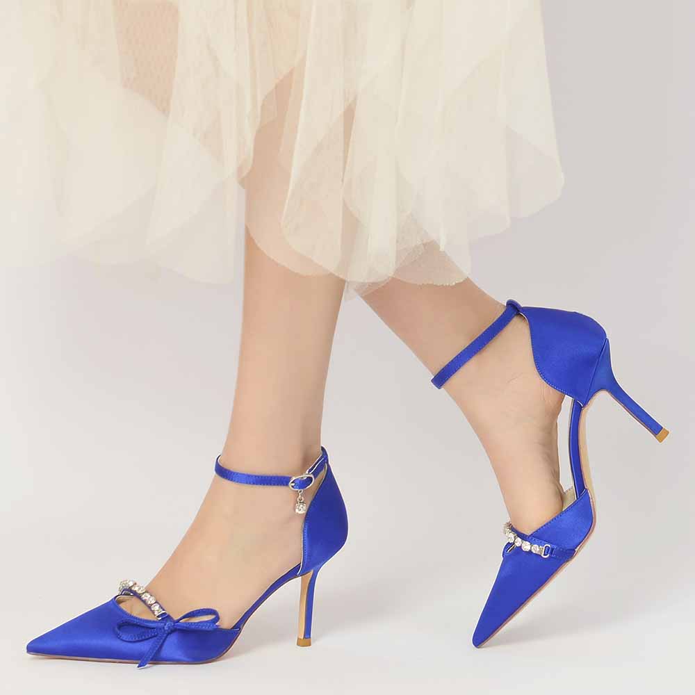 Satin Heels Ankle Strap Pumps With Beaded Party Heel Shoes