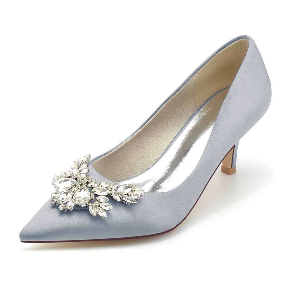Satin Low Heels Slip-On Pumps With Beaded Closed Toe Party Shoes