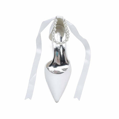 Faux Leather Pearl Lace-up Ankle Strap Pumps White Party Heel Shoes
