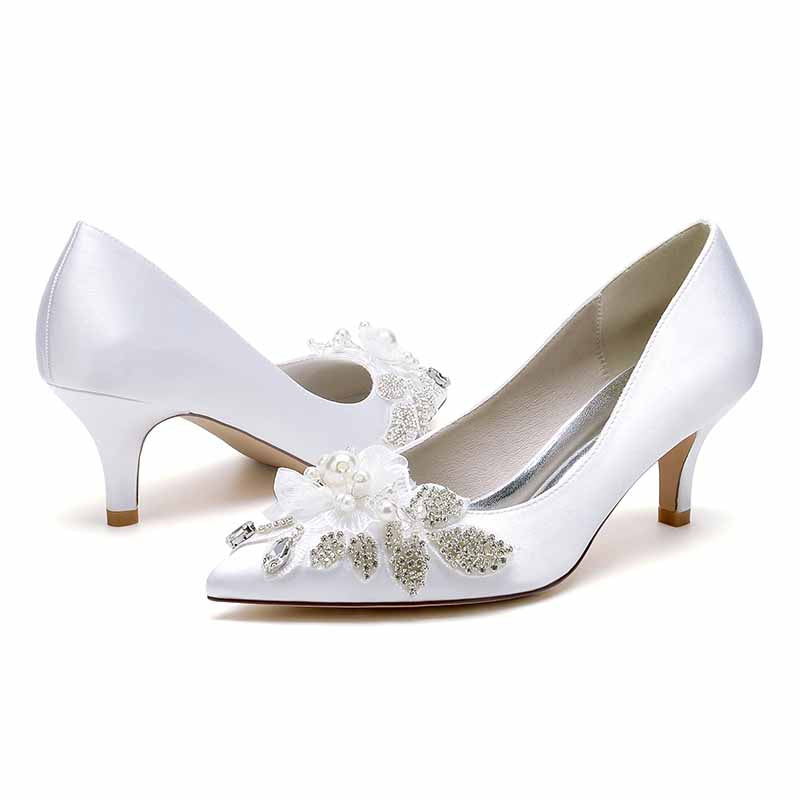 Women's Wedding Shoes Satin Kitten Heel Point Toe Wedding Heels Bridal Shoes Flower Pearl Rhinestone