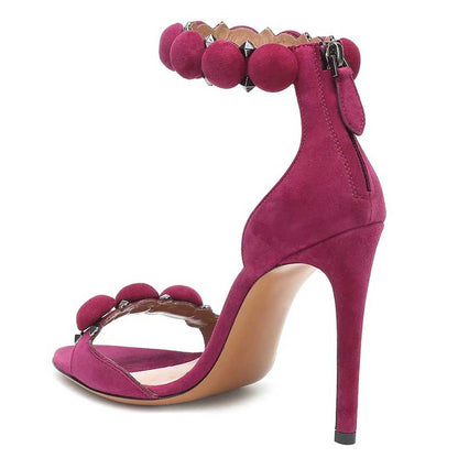 Women Open Toe High Heels Fuchsia Stiletto Studded Pumps