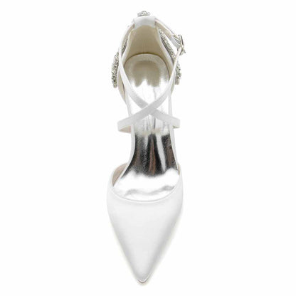 Beaded Wedding Satin Heels Crossed Strap Pumps Party Heels