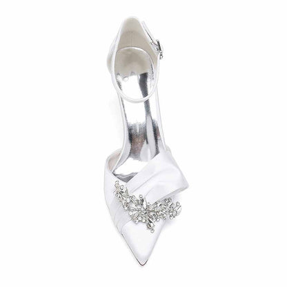 Satin Heels Ankle Strap Pumps With Beaded Closed Toe Event Shoes