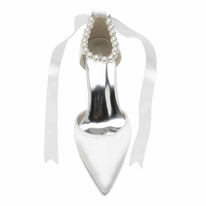 Bride Heels Satin Ankle Strap Pumps With Pearls Party Heel Shoes