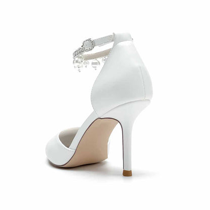 Faux Leather Pearl Ankle Strap Pumps White Party Heel Shoes