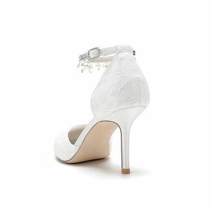Prom Heels Ankle Strap Pumps With Pearls Lace Party Heels Bride Heel