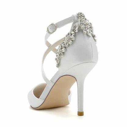 Beaded Wedding Satin Heels Crossed Strap Pumps Party Heels