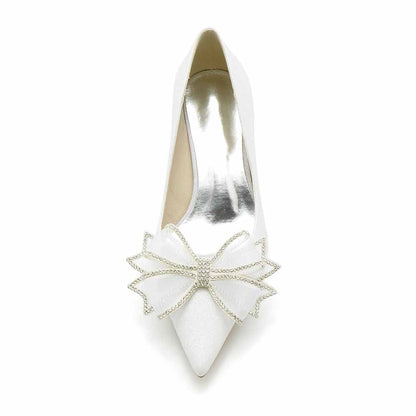 Satin Low Heels Slip-On Pumps Closed Toe Party Shoes With Bows