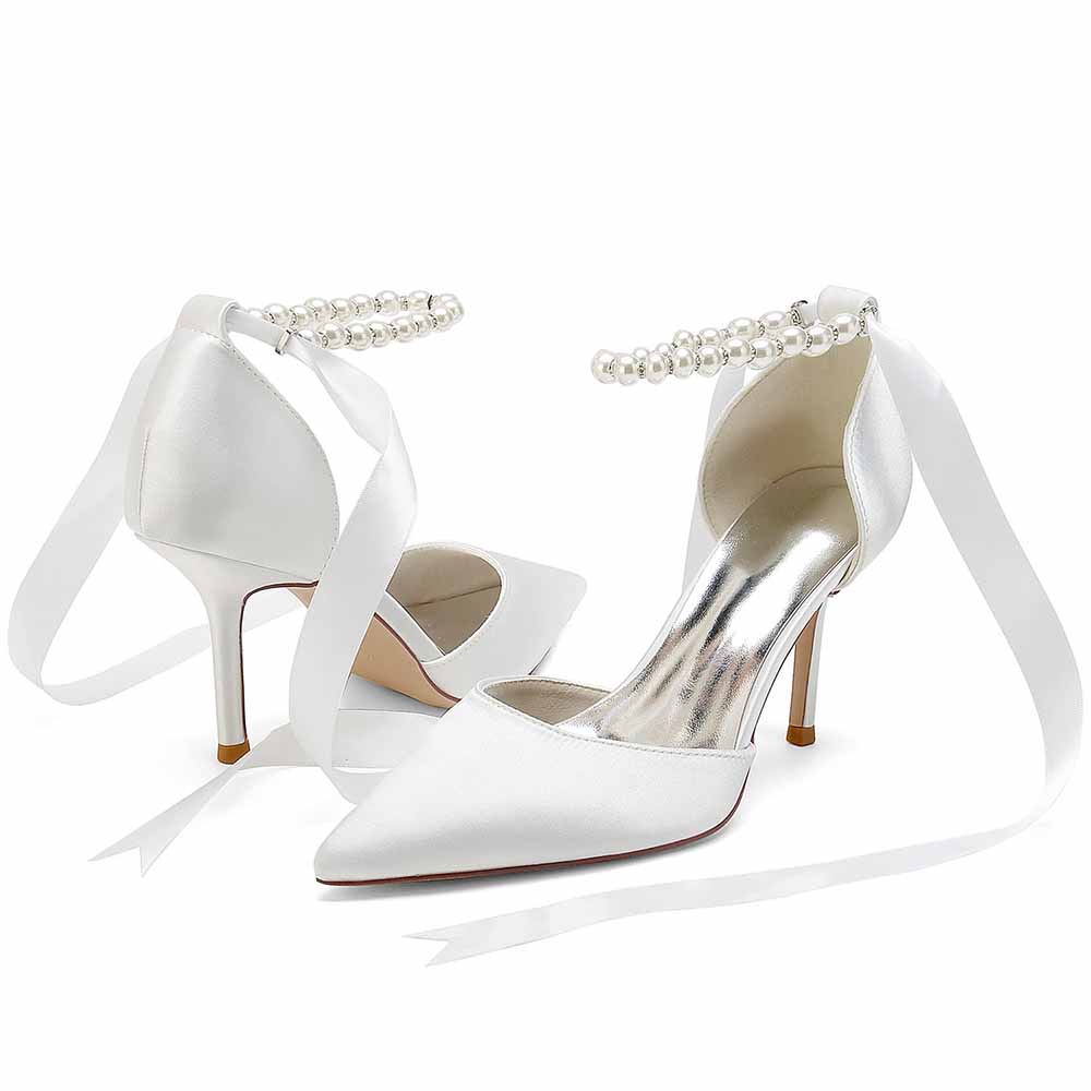 Bride Heels Satin Ankle Strap Pumps With Pearls Party Heel Shoes