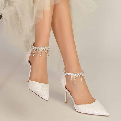 Lace Heels Ankle Strap Pumps With Pearls Bride Party Heel