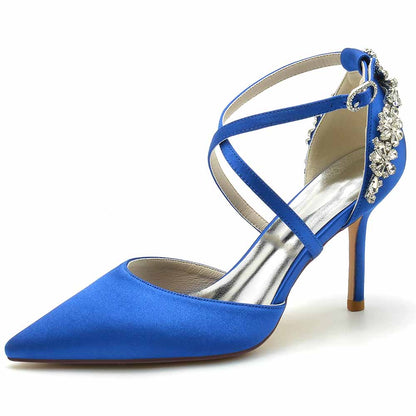 Beaded Wedding Satin Heels Crossed Strap Pumps Party Heels