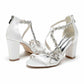 Women Rhinestones Heels Chunky Block Sandals X-Strap Prom Heels