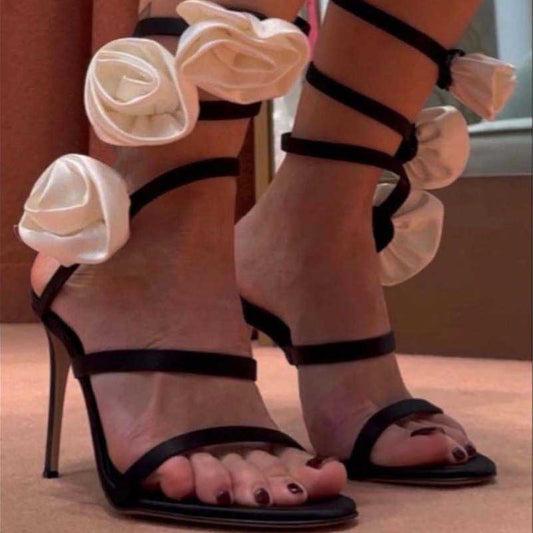 Women Flower Shoes Satin Sandals High Heeled Pumps