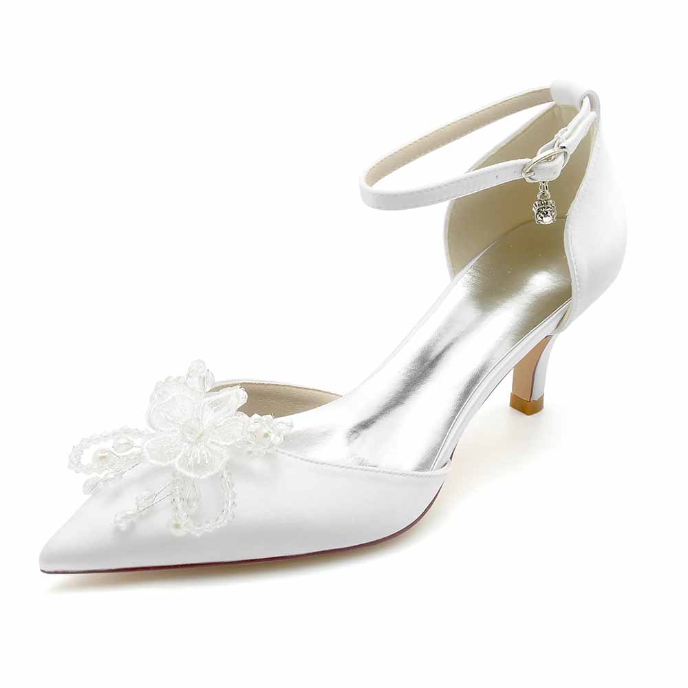Low Heels Satin Wedding Heels Appliqued Ankle Strap Bridal Heels