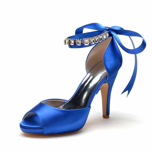 Ankle Strap Party Shoes Lace Up Satin Pumps Open Toe Beaded Heels Shoes