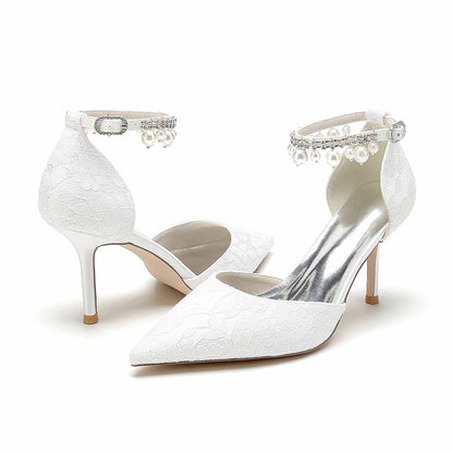 Prom Heels Ankle Strap Pumps With Pearls Lace Party Heels Bride Heel