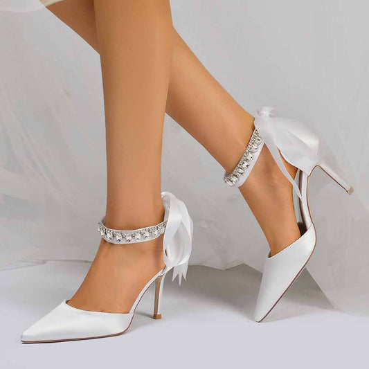 Lace-up Beaded Heels Ankle Strap Pumps Satin Party Heels Bride Heels