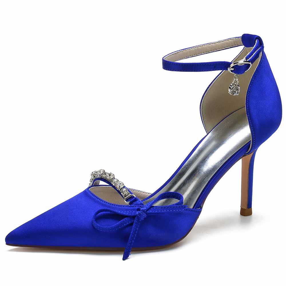 Satin Heels Ankle Strap Pumps With Beaded Party Heel Shoes