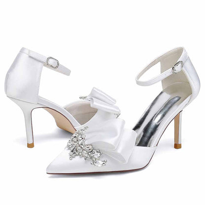 Satin Heels Ankle Strap Pumps With Beaded Closed Toe Event Shoes