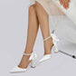 Women's Satin Closed Toe Lace-Up With Pearls Chunky Heel High Heels