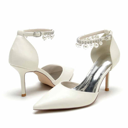 Faux Leather Pearl Ankle Strap Pumps White Party Heel Shoes