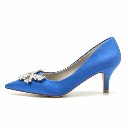 Satin Low Heels Slip-On Pumps With Beaded Closed Toe Party Shoes