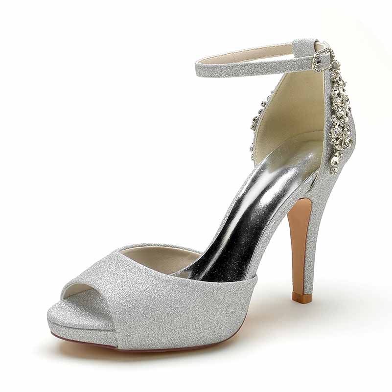 Ankle Strap Party Shoes Sparkling Pumps Open Toe Beaded Heels Shoes