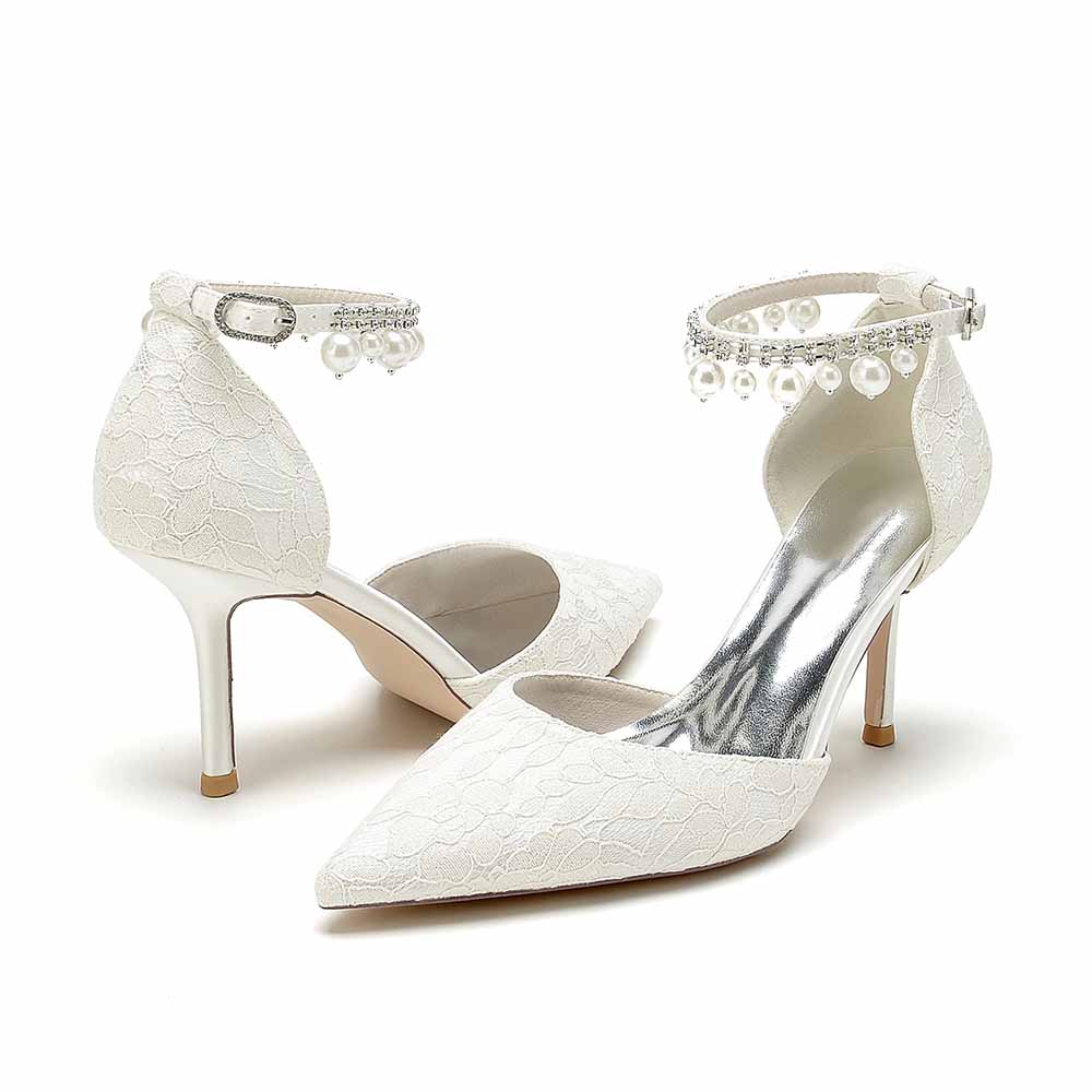 Prom Heels Ankle Strap Pumps With Pearls Lace Party Heels Bride Heel