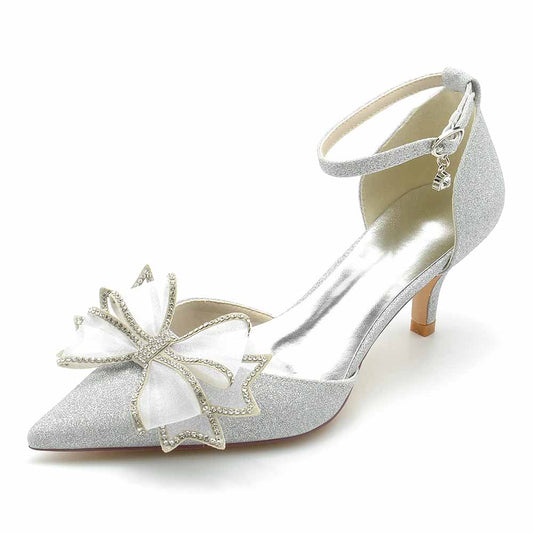 Glitter Low Heeled Bridal Shoes Pointed Toe Wedding Heels Ankle Strap Party Heels