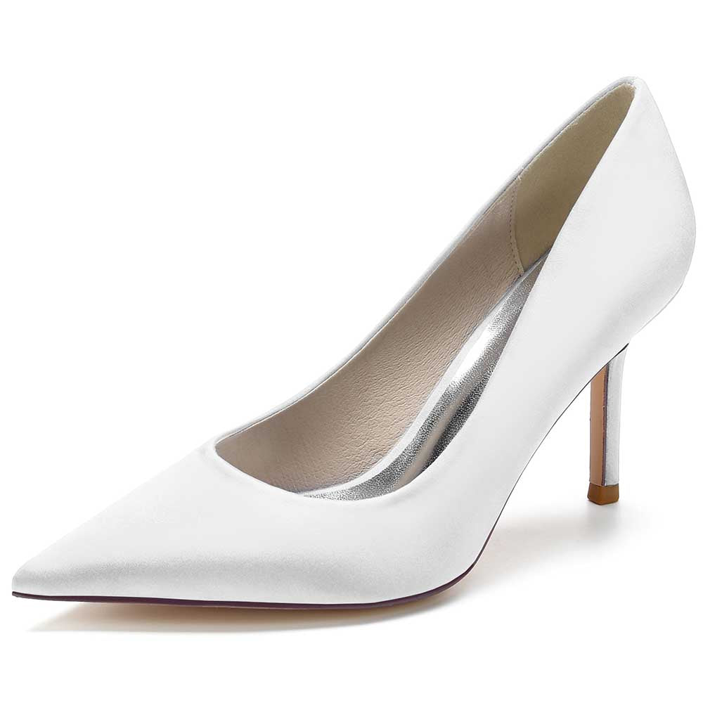 Elegant white satin dress heels for women with a pointed toe design and a stylish stiletto heel