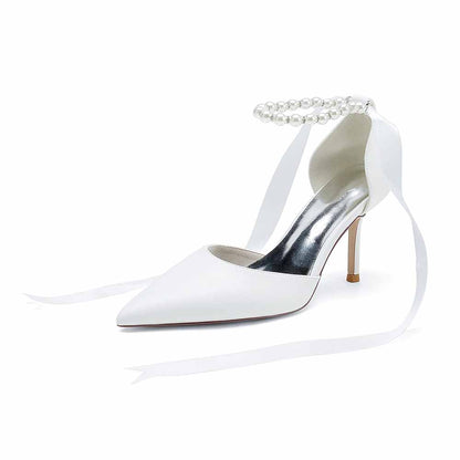 Faux Leather Pearl Lace-up Ankle Strap Pumps White Party Heel Shoes