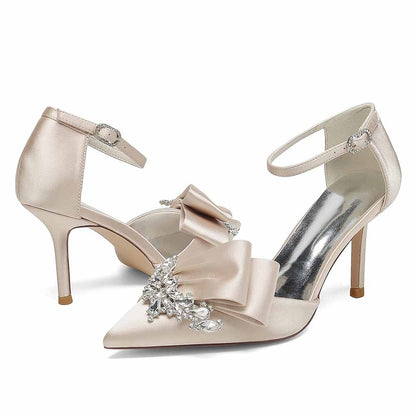 Satin Heels Ankle Strap Pumps With Beaded Closed Toe Event Shoes