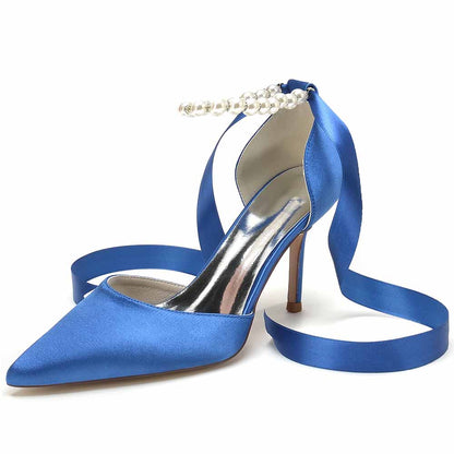 Bride Heels Satin Ankle Strap Pumps With Pearls Party Heel Shoes