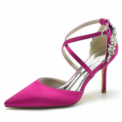 Beaded Wedding Satin Heels Crossed Strap Pumps Party Heels