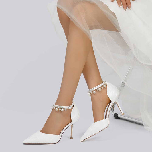 Prom Heels Ankle Strap Pumps With Pearls Lace Party Heels Bride Heel